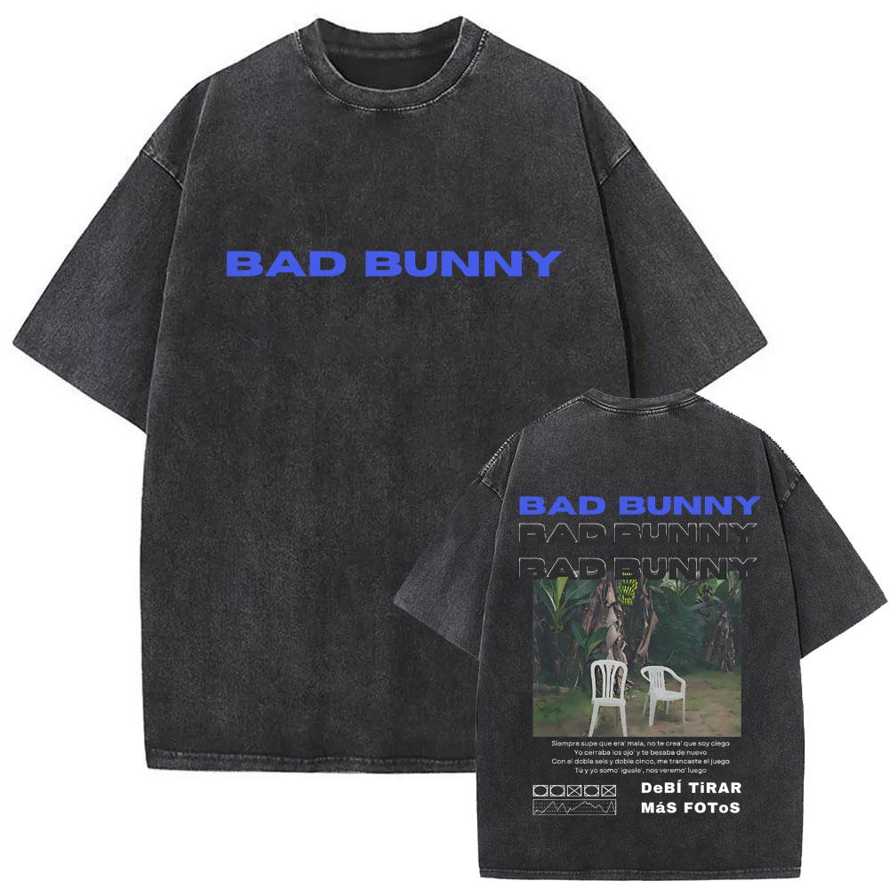 Camiseta Gráfica de Rapper Vintage Lavada Cara de Bad Bunny DeBi TiRAR MaS FOToS Impresión DTMF Camisetas Hombre Hip Hop Retro Camiseta Oversize