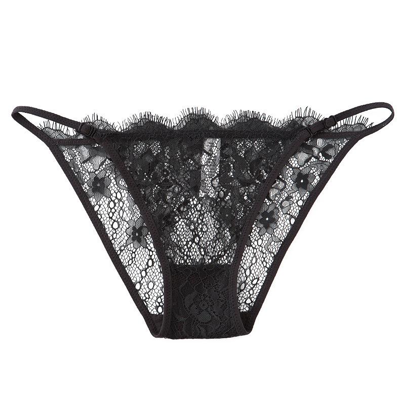 Eyelash Lace Adjustable Strap Transparent Lingerie Panties with Cotton Crotch