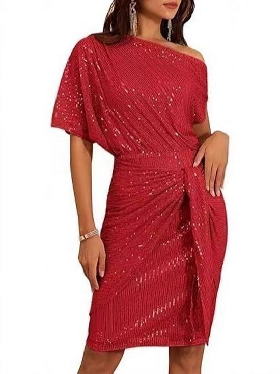 Cross-Border Glitter One-Shoulder Ruffled Party Dress for Women