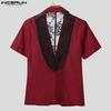 INCERUN Oversized Men Lapel Neck Short Sleeve Back Lace Casual Blazer Tops