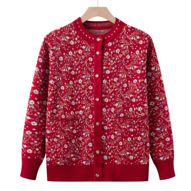 Mom fashion sweater jacket new grandma floral knitted cardigan medium women's high-end cardigan top