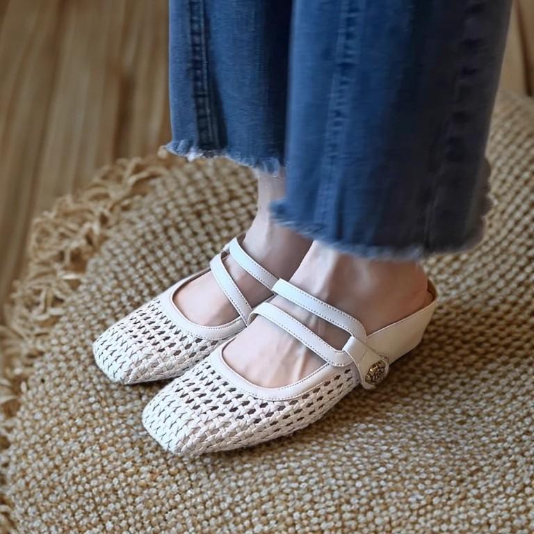 Platform Slippers Low Heel Thick Heel Single Shoes French Woven Hollow Mary Jane Shoes Women's Summer Retro Hole Sandals Women