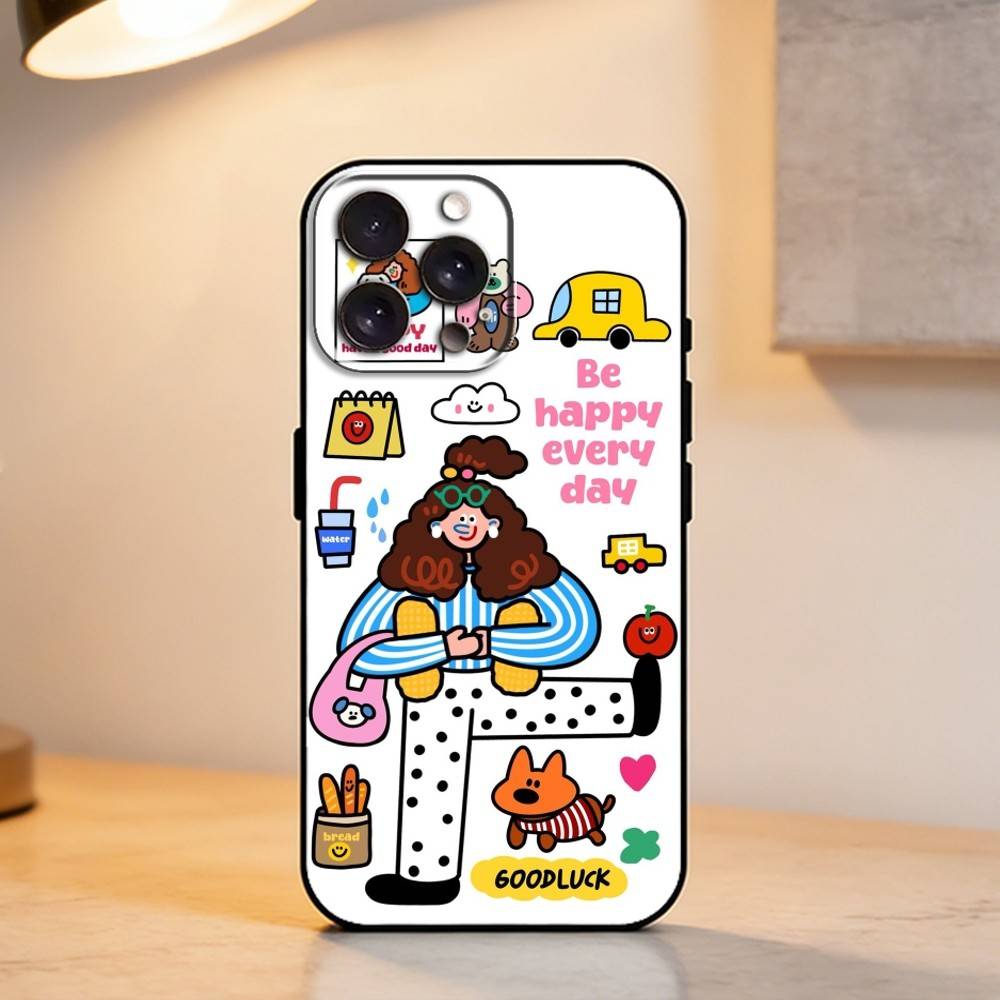 Ins Korean funny and happy girl Phone Case For iPhone 17,16,15,14,13,12,11 Plus,Pro Max,XS,Soft Silicone Black Cover