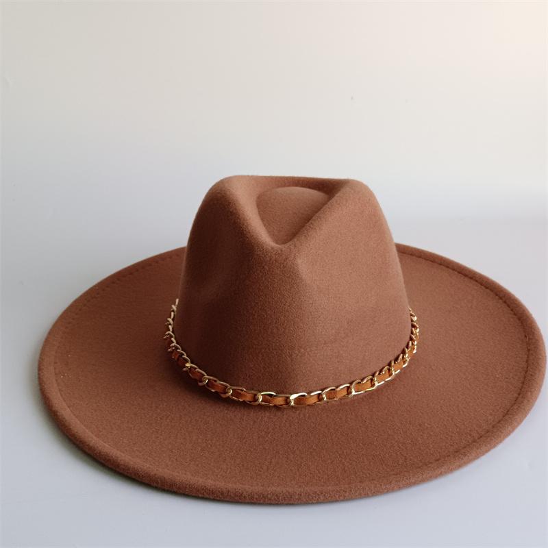 Yellow Fashion Fedora Hat With Colorful Chain 9.5Cm Wide Brim Hat For Women Winter Men'S Hat Cowboy Felt Hat Sombreros