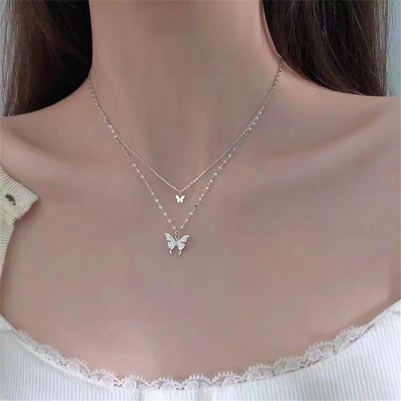 Double Layer Butterfly Necklace - Diamond-Inlaid Clavicle Chain, Korean Light Luxury for Women