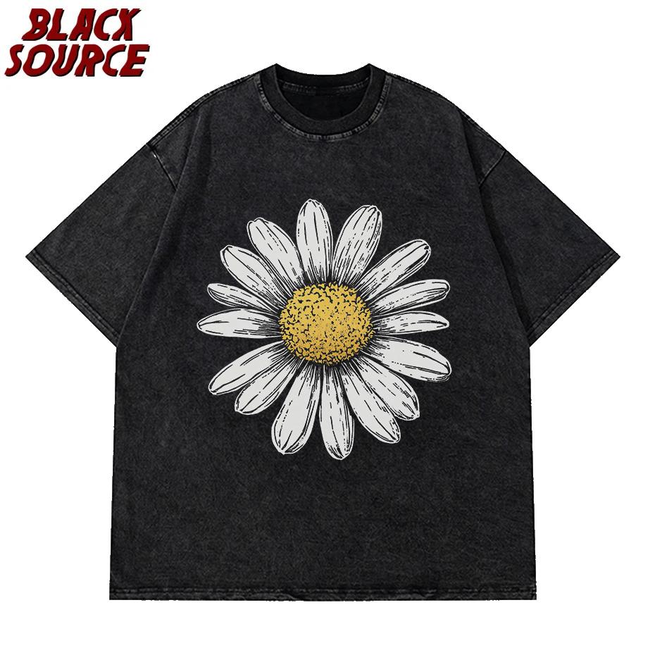 Simple Beautiful Sunflower Print Womens Washed Holes T Shirt Cotton All-Match T-Shirts Hip Hop Breathable Clothes Casual Tops S