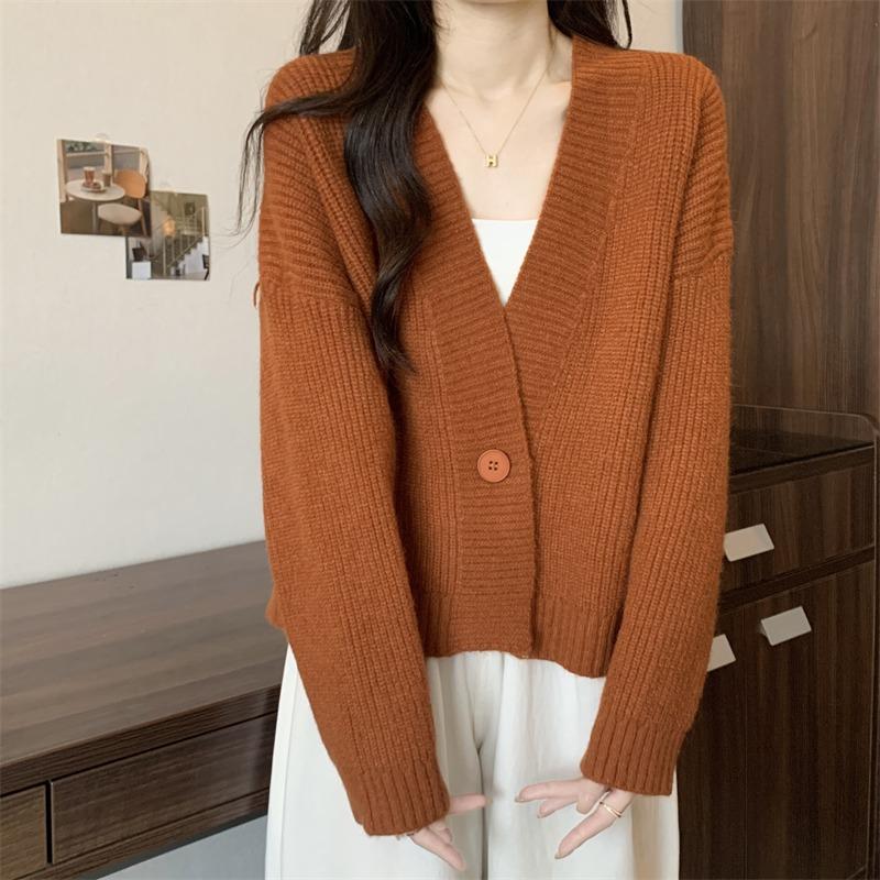 V-neck Fashion Women One Button Cardigan Short Sweater Autumn /Winter Long Sleeve Knitted Jackets Solid Color Elegant Loose Office Basic Casual Coats
