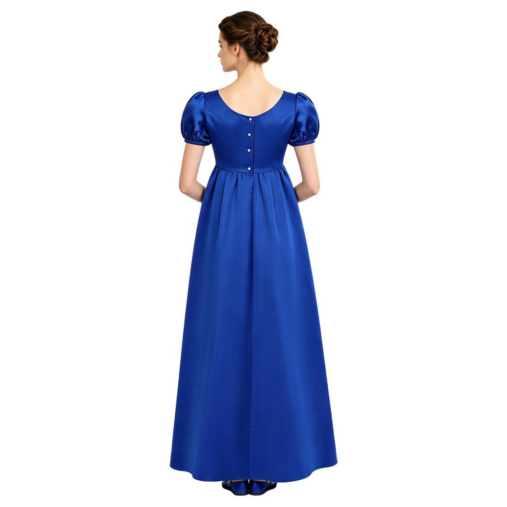 Maxikleid mit quadratischem Ausschnitt und Puffärmeln, mit Kunstperlen, Empire-Taille, Knöpfe hinten, Satin, Regency-Kleid für Damen, Party, Ball