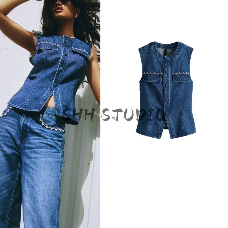 New Fall Women's Clothing Minimalist Slim-Fit round Neck Sleeveless Flared Denim Vest 1305453
