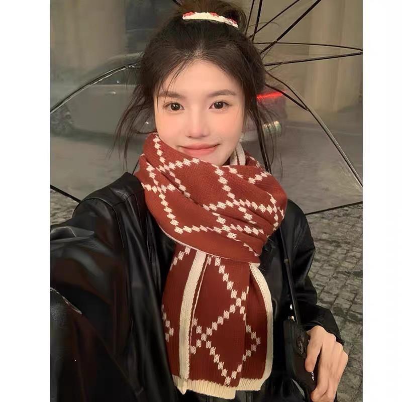 Knitted Wool Scarf Women Winter Warm Cozy Dog Embroidery Style Ins Trendy Neck Wrap Student Accessory