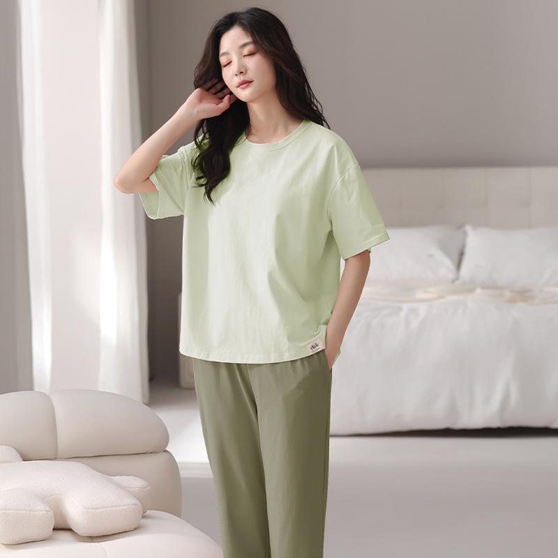 Pure cotton pajamas women's summer short-sleeved trousers three-piece set 1011 new casual solid color round neck can be worn outside loungewear