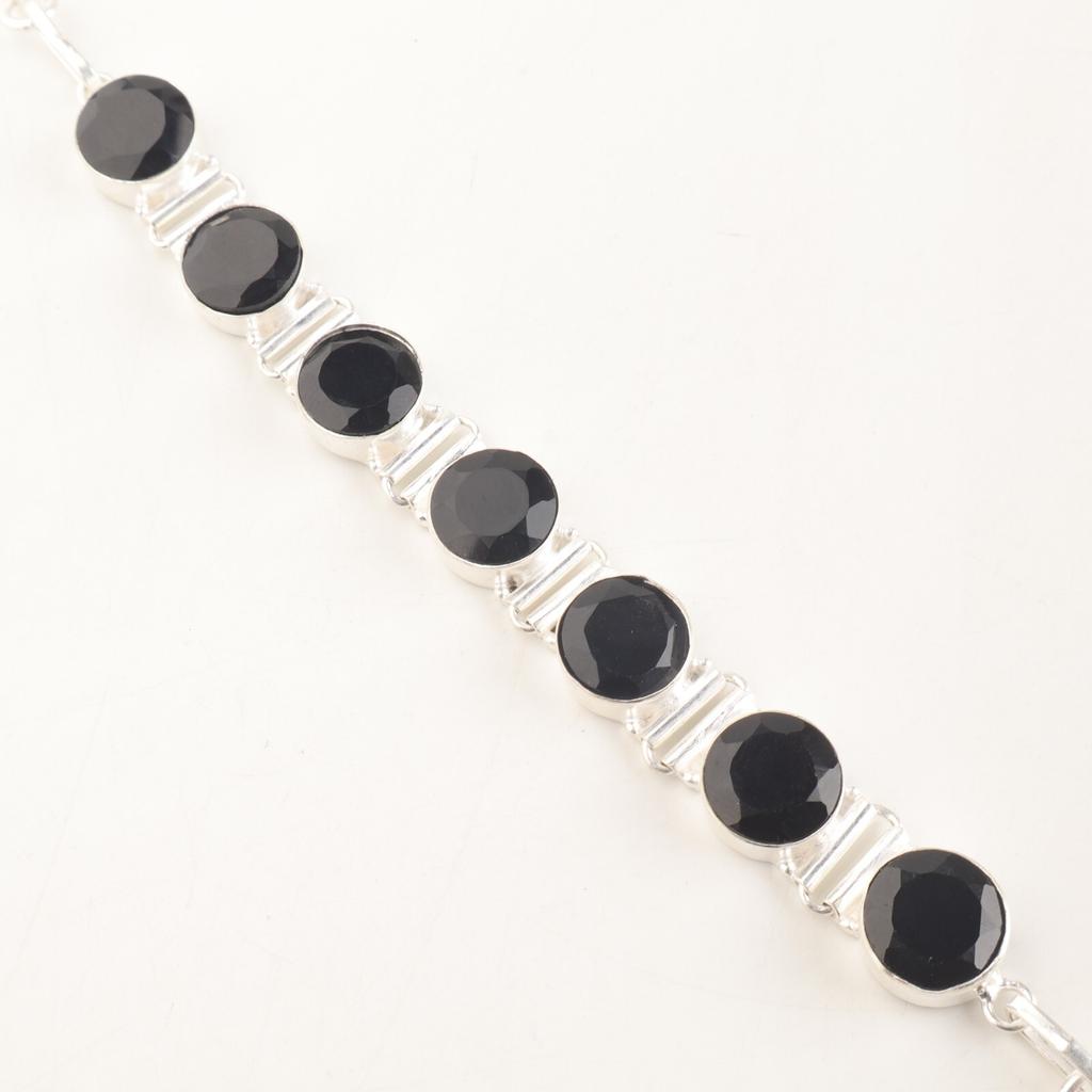 925 Sterling Silver Black Onyx Gemstone Jewelry Handcrafted Chain Bracelet 9" RB-7-17