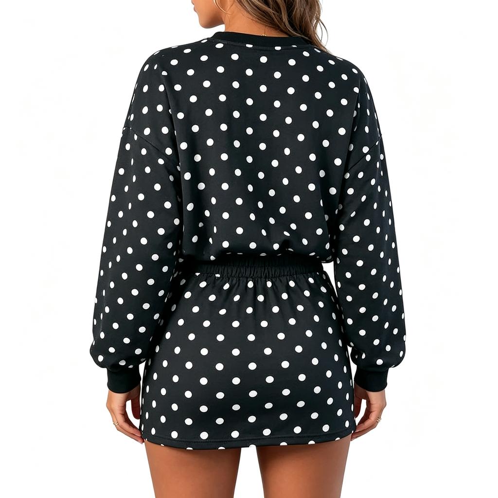 Women's Casual Two-Piece Set with Polka Dot Long Sleeve Pullover and Skirt for Everyday Wear