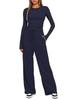 Solid Color Casual Long Sleeve Set Top High Waisted Wide Leg Pants Sportswear