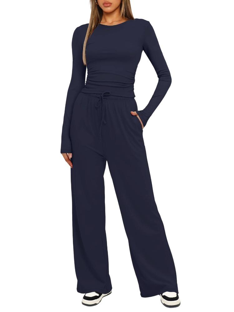 Solid Color Casual Long Sleeve Set Top High Waisted Wide Leg Pants Sportswear