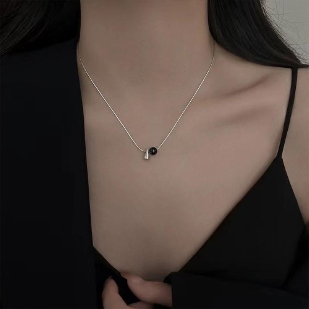 Women's Simple Black Ball Triangle Chain Silver Necklace