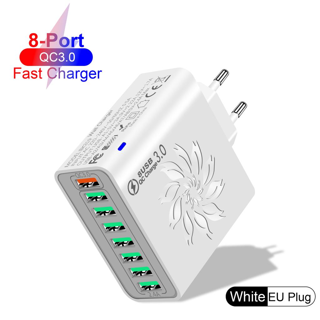 65W 8 Ports USB Charger QC Fast Charging EU/US/KR/UK Plug Fast Charger Power Adapter For iPhone 15 Xiaomi Samsung Wall Charger