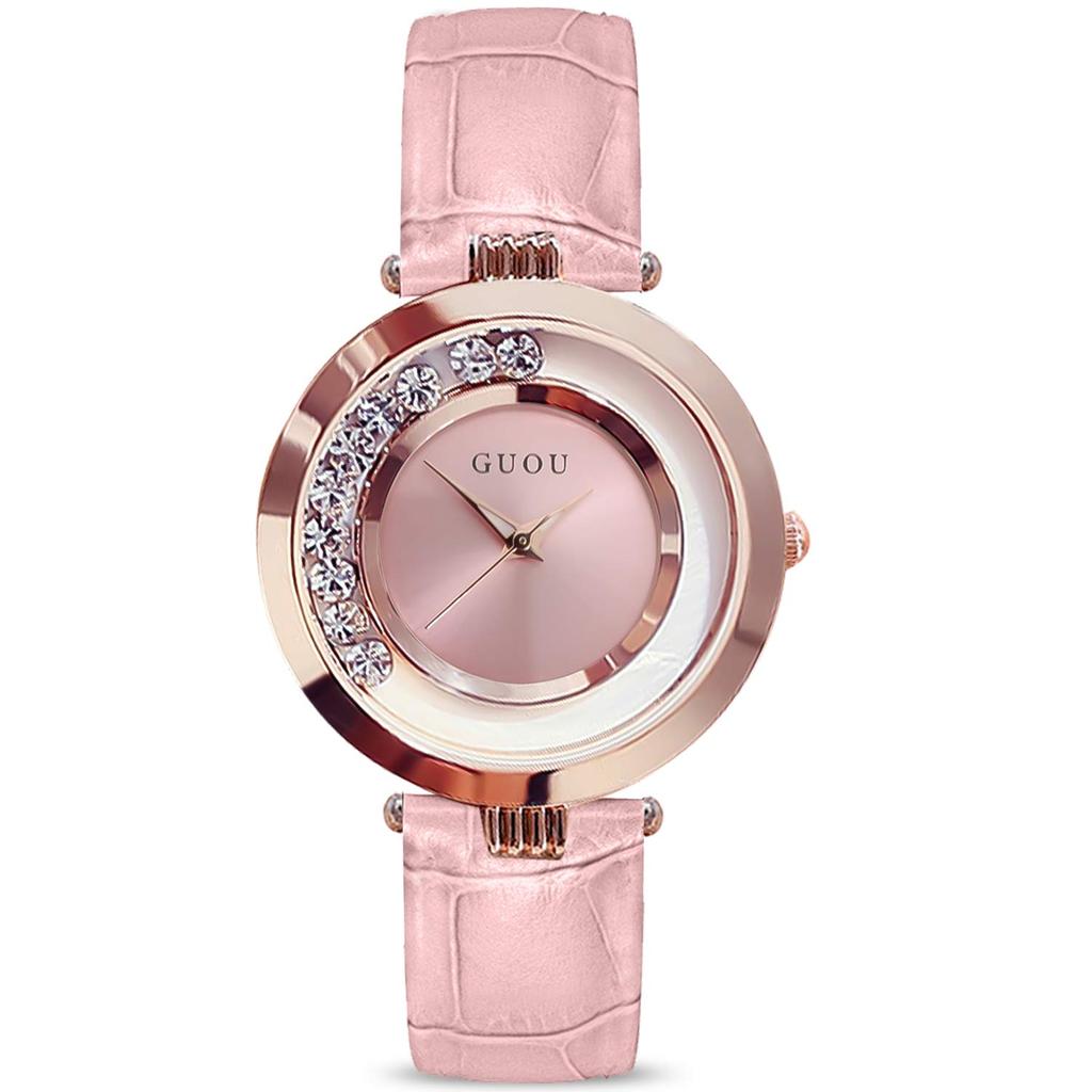RORIOS Women's Fashion Rolling Diamond Watch with Leather Band, Quartz Movement, Analog Display, Perfect for Casual, Business, and More, Pink