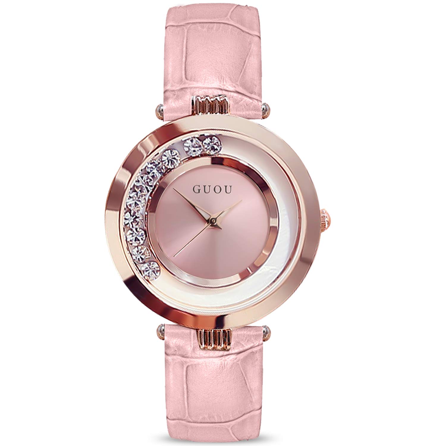 

RORIOS Женские модные часы с перекатывающимися бриллиантами и кожаным ремешком, кварцевый механизм, аналоговая индикация, идеально подходят для повседневной носки, бизнеса и многого другого, розовые