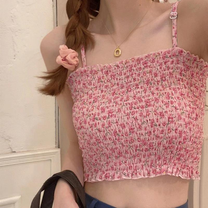 Dámský crop top tílko květinové plisované vestička s vycpávkou na prsa