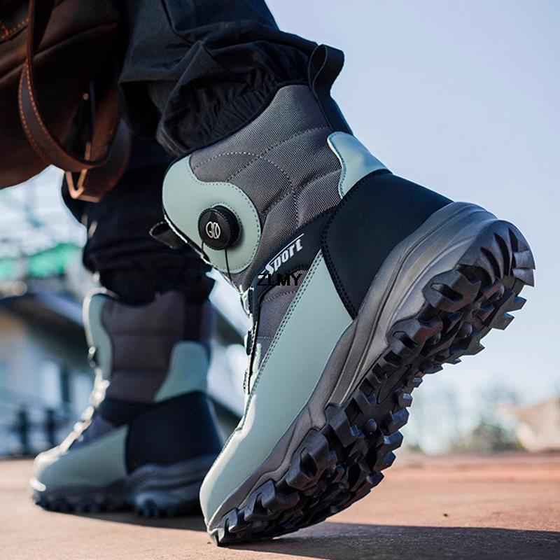 Warm Men's Snow Boots Waterproof Outdoor Winter Snowboots Rotated Button Men High Top Plush Cotton Shoes Man Winter Hiking Shoes