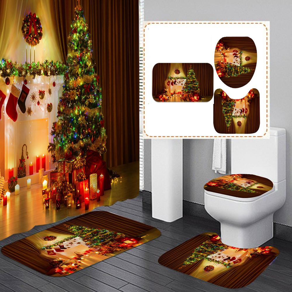 3X Christmas Bathroom Rug Set Non-Slip Bath Mat Toilet Lid Cover Christmas Decor