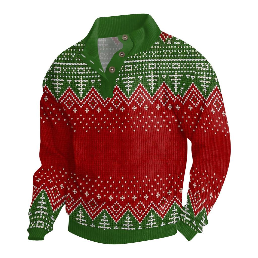 Men's Christmas Cotton Pullover Long Sleeve Outdoor Shirt Vintage Corduroy Button Stand Collar Shirt Casual Sweatshirt Christmas Print Top