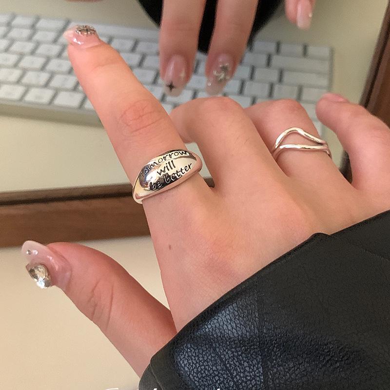 Korean S925 Sterling Silver Wide Band Ring, Niche Letter Design, Cold Aesthetic Fashion for Women, High-End Look, New Style Index Finger Ring