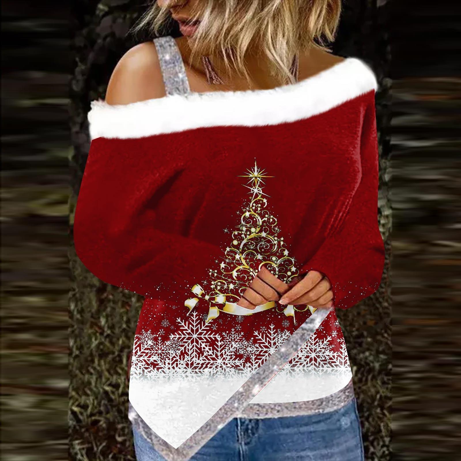 

Жіноча футболка з нерегулярним подолом і різдвяним принтом з довгим рукавом і відкритими плечима, пухнастим флісовим коміром XL винний