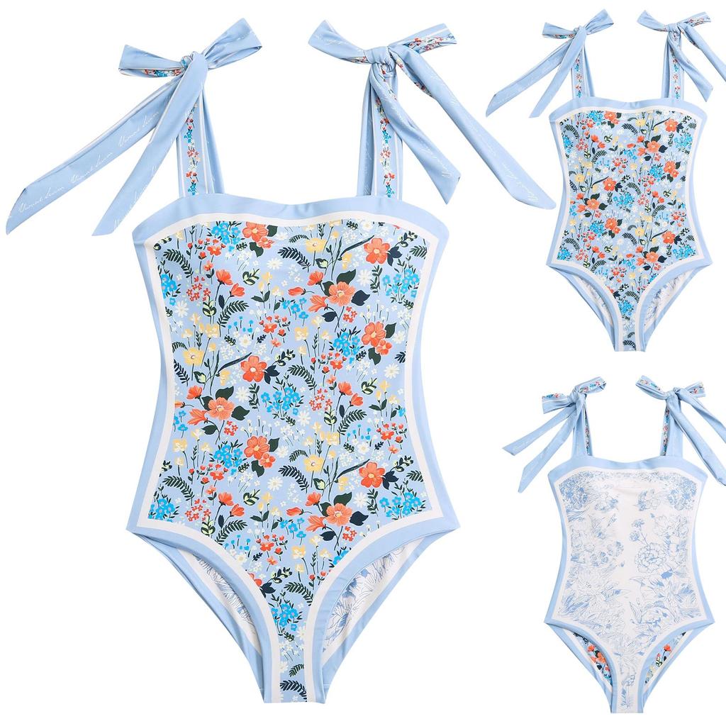 Women's Vintage Style One Piece Swimsuit Double Sided Wear Floral Print Adjustable Shoulder Tie Straps Retro Design
