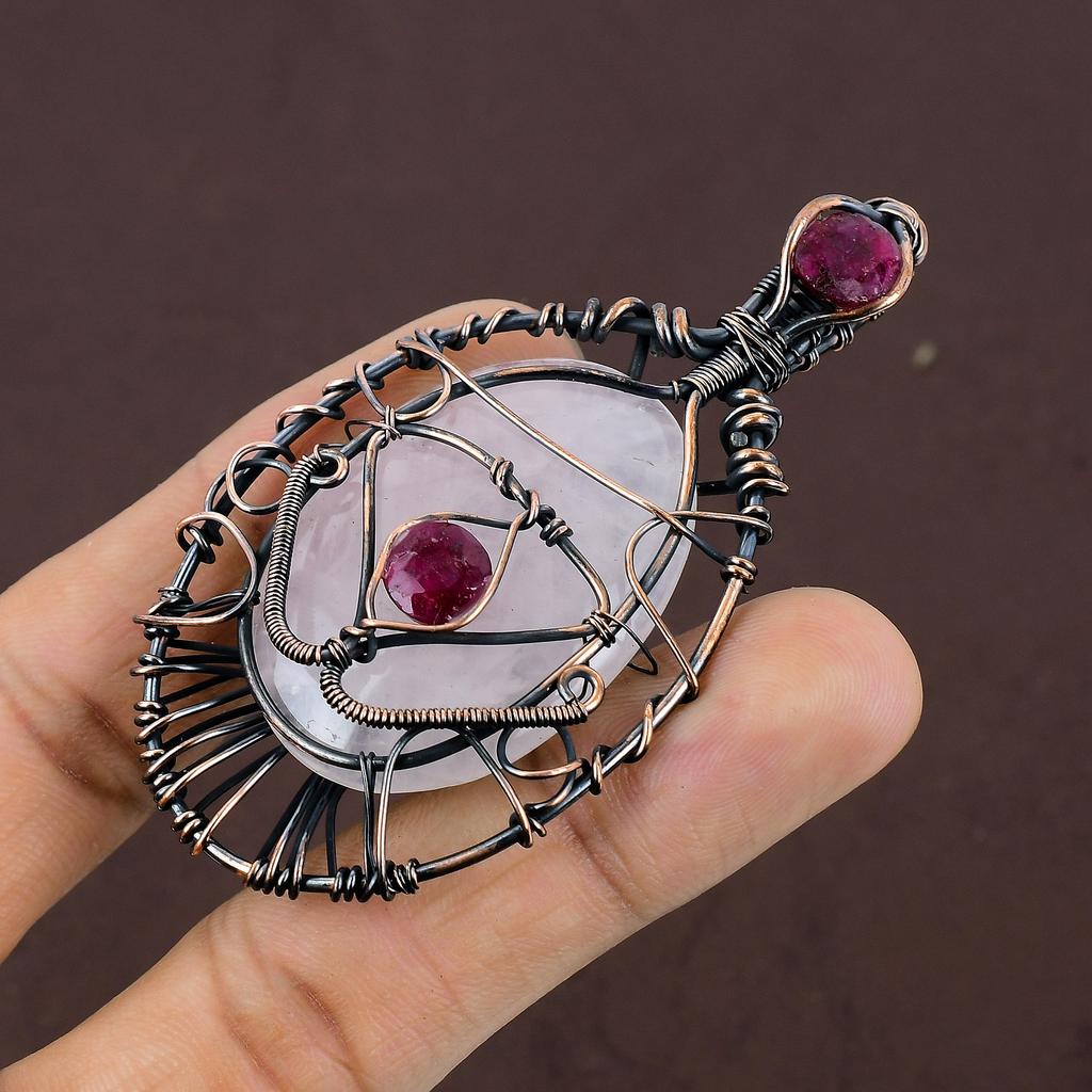 Natural EvilEye Rose Quartz, Ruby Gemstone Copper Wire Wrap Pendant 3.19" y2Y75