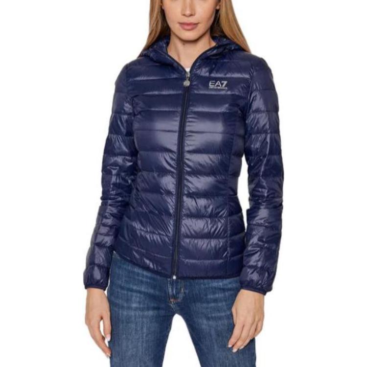 Emporio Armani SS23 Fitted Solid Color Printed Hooded Down Jacket Women Jackets Blue 8NTB14-TN12Z-1554