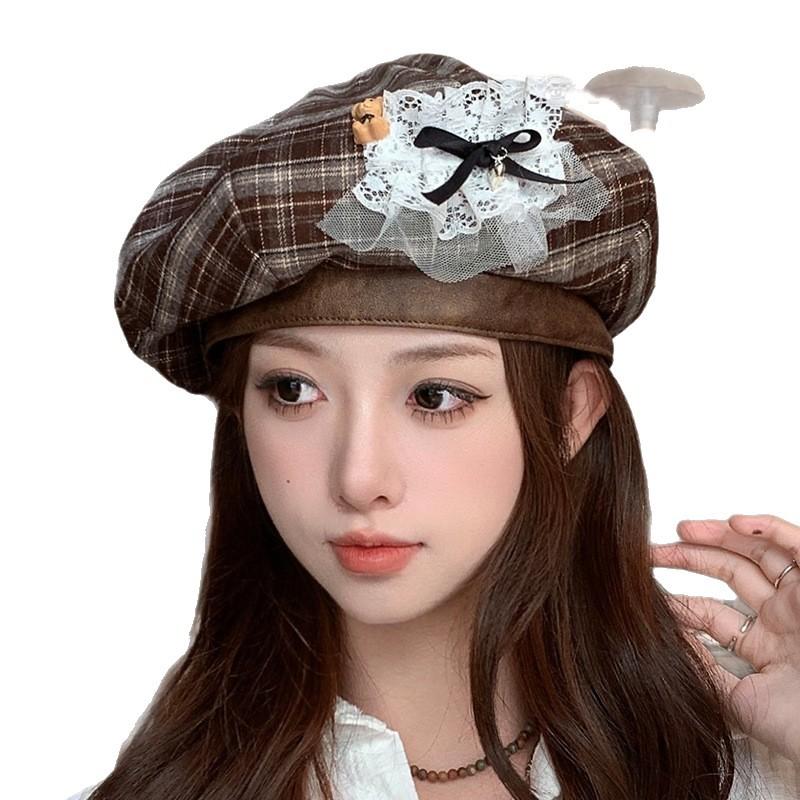 Korean Sweet and Cute Plaid Beret Autumn and Winter Versatile Lace Bow Octagonal Hat Retro Casual Painter Hat