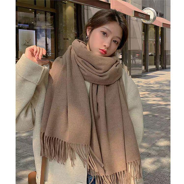 Dámská zahuštěná jednobarevná dlouhá šála - Počesaný imitovaný kašmír, nežmolkující šál s třásněmi na podzim a zimu