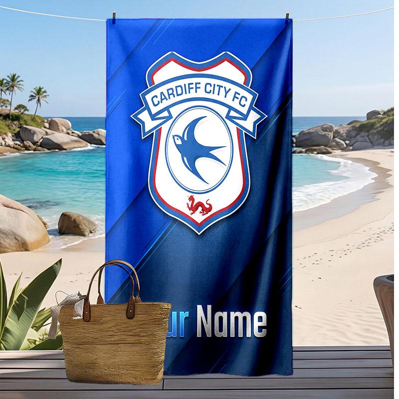 Cardiff City Personalized Printed Beach Towel Soccer Logo Support Custom Name Text Absorbent Towel For Sport Travel Special Gift