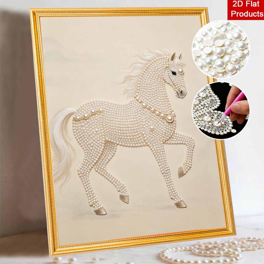 Elegant White Pearl Horse Pearl Painting 5D DIY Pearl Gemstone Art Diamond Painting Kit for Adults/Beginners Gift Ideas Modern Home Decor Wall Art