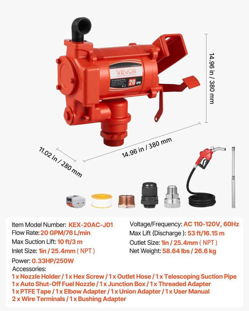 Fuel Transfer Pump 230V, 20 GPM 76 L/min, AC Electric Oil Transfer Pump, with Auto Shut-Off Fuel Nozzle & Discharge Hose, High Flow Kit for Gasoline,