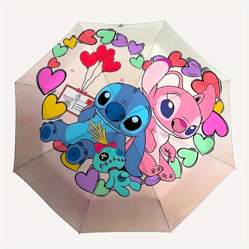 Stitch, Love Themed Automatic opening and closing folding umbrella, 8-rib windproof, compact travel design, suitable for all occasion | Fash