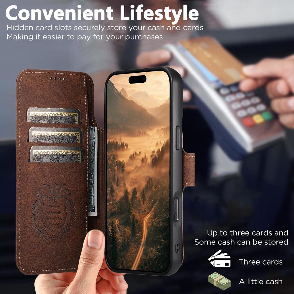iPhone17ProMax Magnetic Leather Flip Case with Card Slot and Wireless Charging Stand