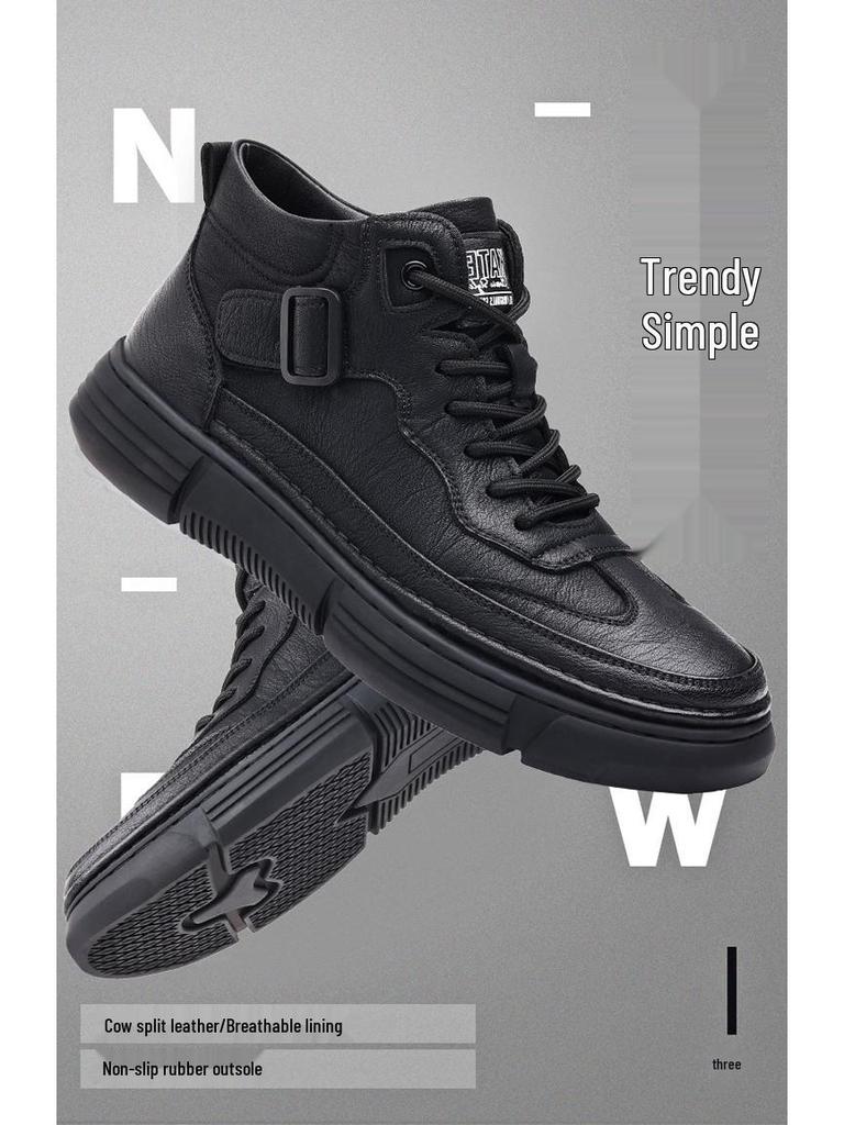Men's High-Top Leather Sneakers: Fleece-Lined, Soft Sole, Autumn/Winter Casual Workwear, 2025 Collection