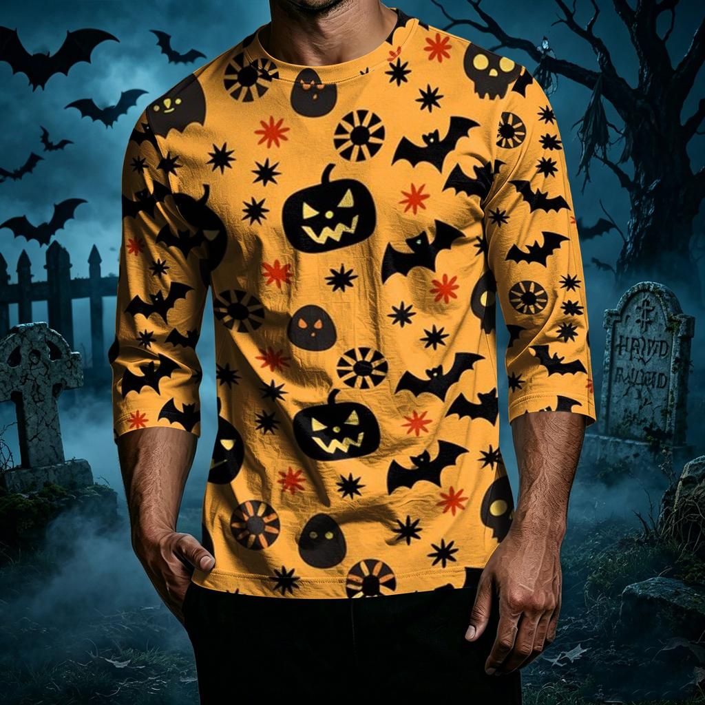 Men's Casual Halloween Pumpkin Print Raglan Sleeve T-Shirt Crew Neck Three Quarter Sleeve Top Lightweight Comfortable Fit