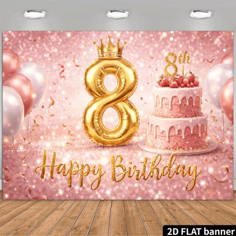 

2D Pink Glitter Gold Crown 8th Birthday Photography Background 47.2x31.5inch/120*80cm