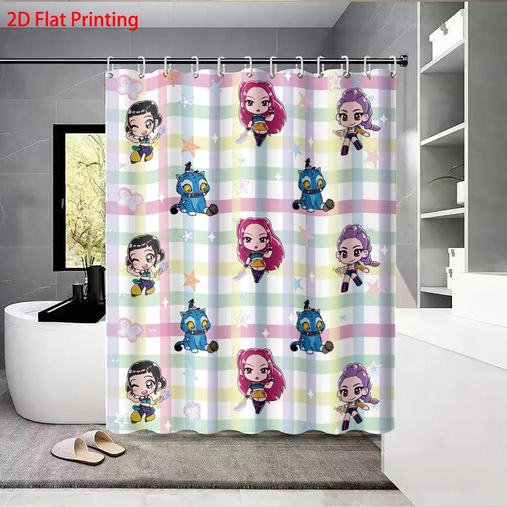 1pc K-Pop Demon Hunters Print Waterproof Shower Bathroom Partition Privacy Hanging Curtain with 12 Hooks Easy Installation