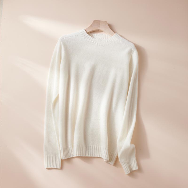 Warm Wool Cashmere Round Neck Sweater - Seamless Solid Color Loose Fit Pullover