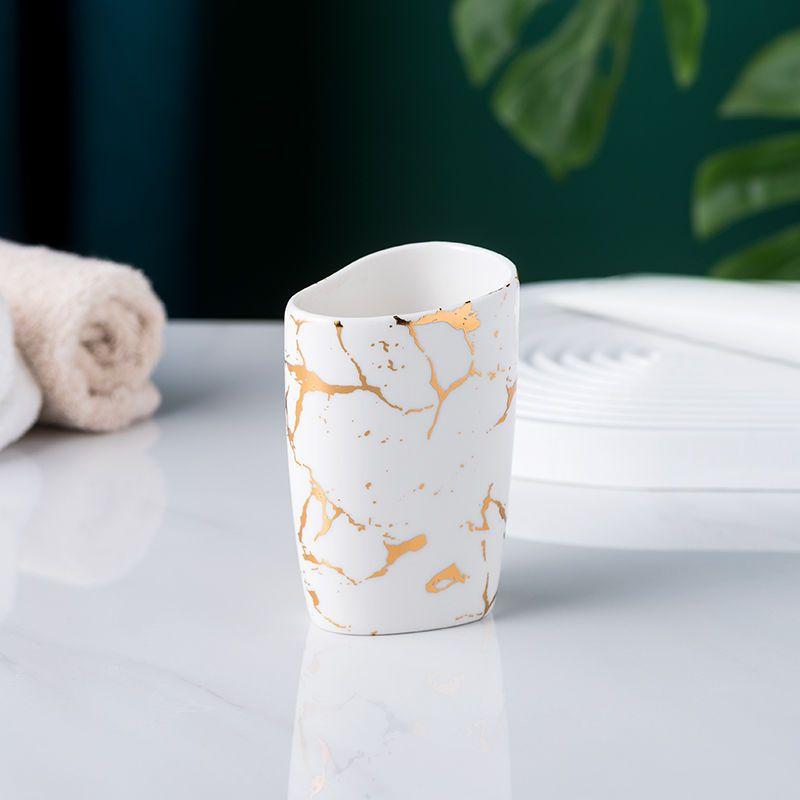 Gold Plated Marbled Ceramic Lotion Bottle Bathroom Supplies Mouthwash Cup Toothbrush Cup Soap Dish Set Hotel Wash Lotion Bottle