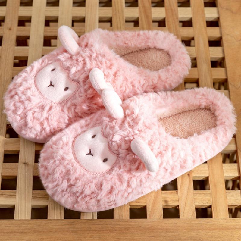 Cute cotton slippers women's winter indoor home thick bottom velvet warm couple plush cartoon lamb cotton drag men