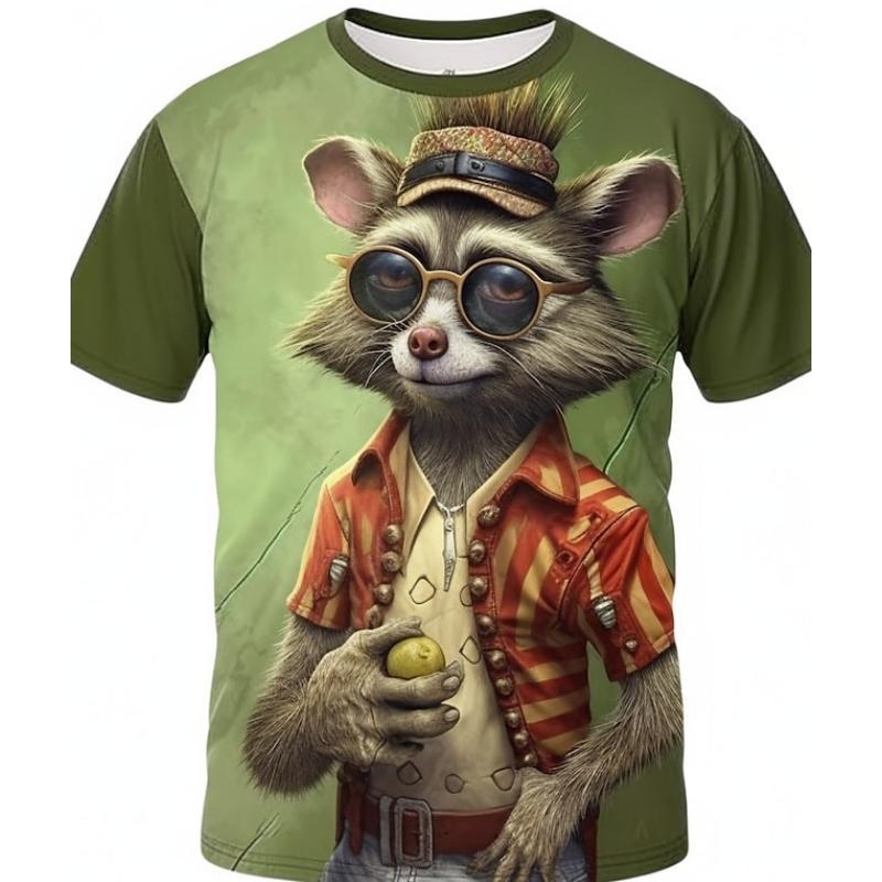 Summer Round Neck 3D Cute Funny Raccoon Graphic Print Top Fashionable Casual Short Sleeved Men's T-shirts