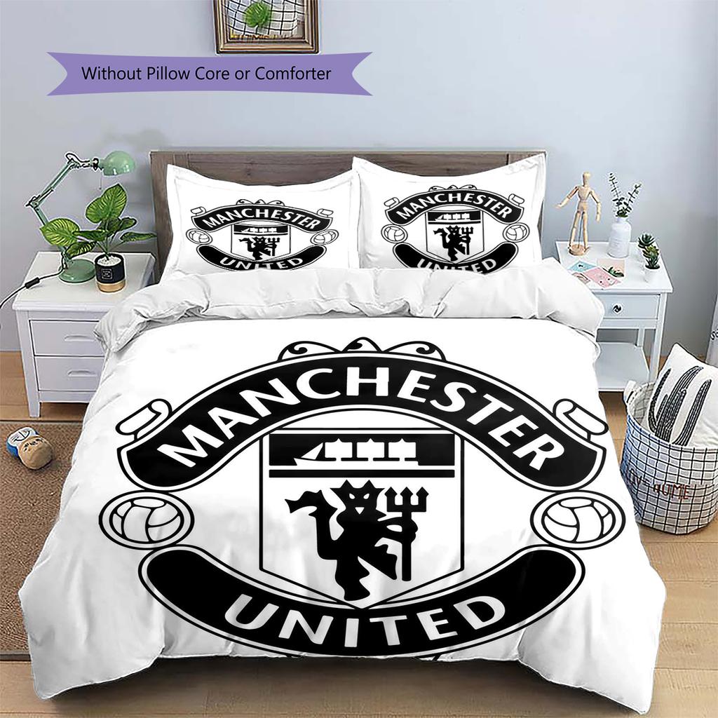 Manchester United FC Pattern Bedding Home Decoration Birthday Gift (1 * Duvet Cover + 2 * Pillowcase, Without Core)