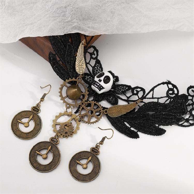 Gotisches Vampir Schmuckset Spitze Choker Halskette Zahnrad Uhr Ohrringe Halloween Piraten Kostüm Zubehör Set für Damen