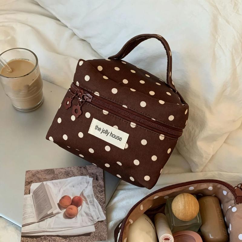 Women's Retro Polka Dot Storage Bag Wear-resistant Large Capacity Handheld Makeup Pouch for Daily Cosmetic Organizing